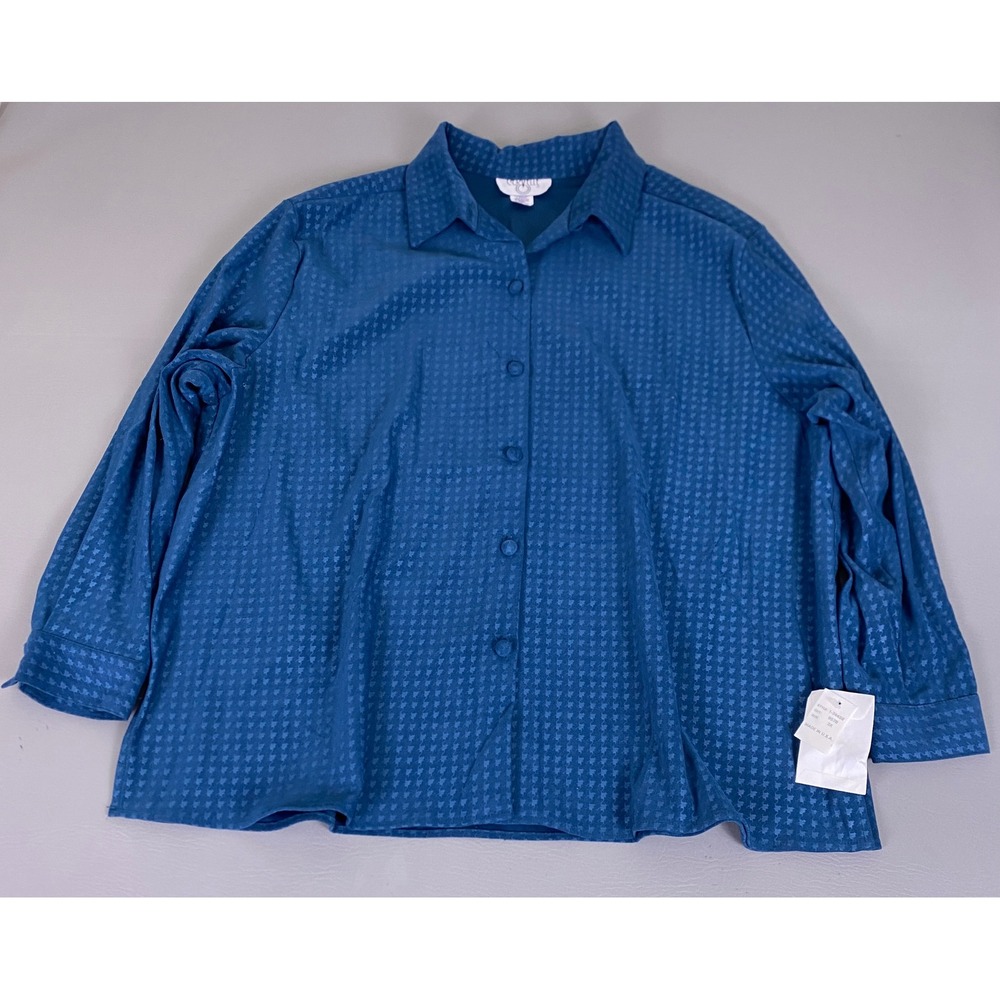 Vintage Top Women's Plus 3X Blue Houndstooth Jacquard Button‎ Down Shirt USA NWT